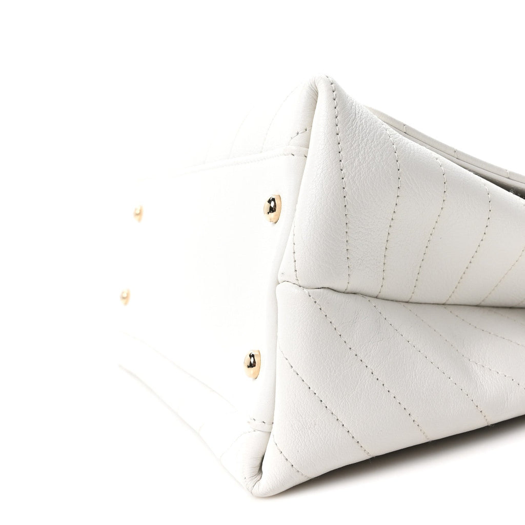 Grained Calfskin Stitched Medium Chevron Chic Top Handle Flap White