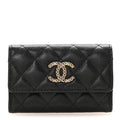 Caviar Metal Perforated Quilted CC Flap Card Holder Black