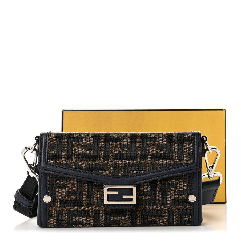 Recycled Fabric Jacquard Vitello King FF 1974 Baguette Soft Trunk Phone Pouch Tobacco Moro Notte