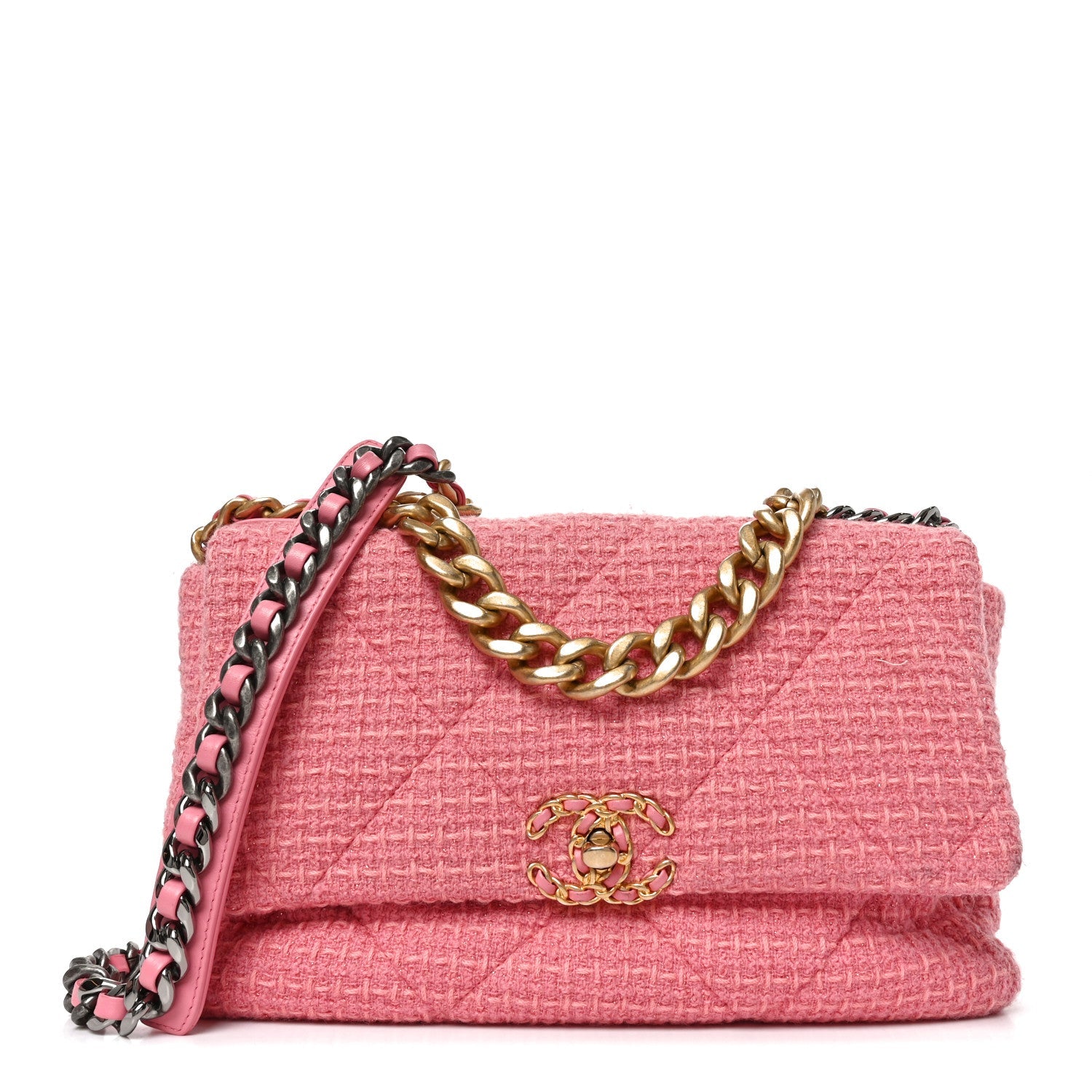 Metallic Tweed Quilted Large Chanel 19 Flap Pink