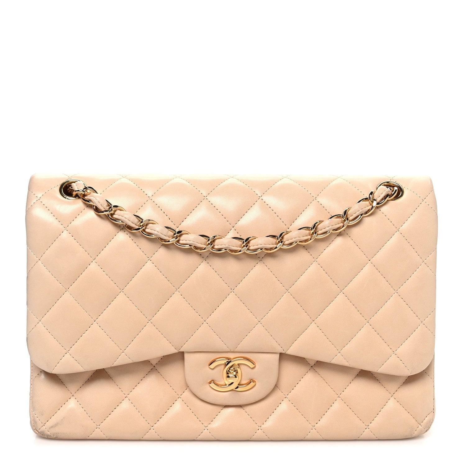 Lambskin Quilted Jumbo Double Flap Beige