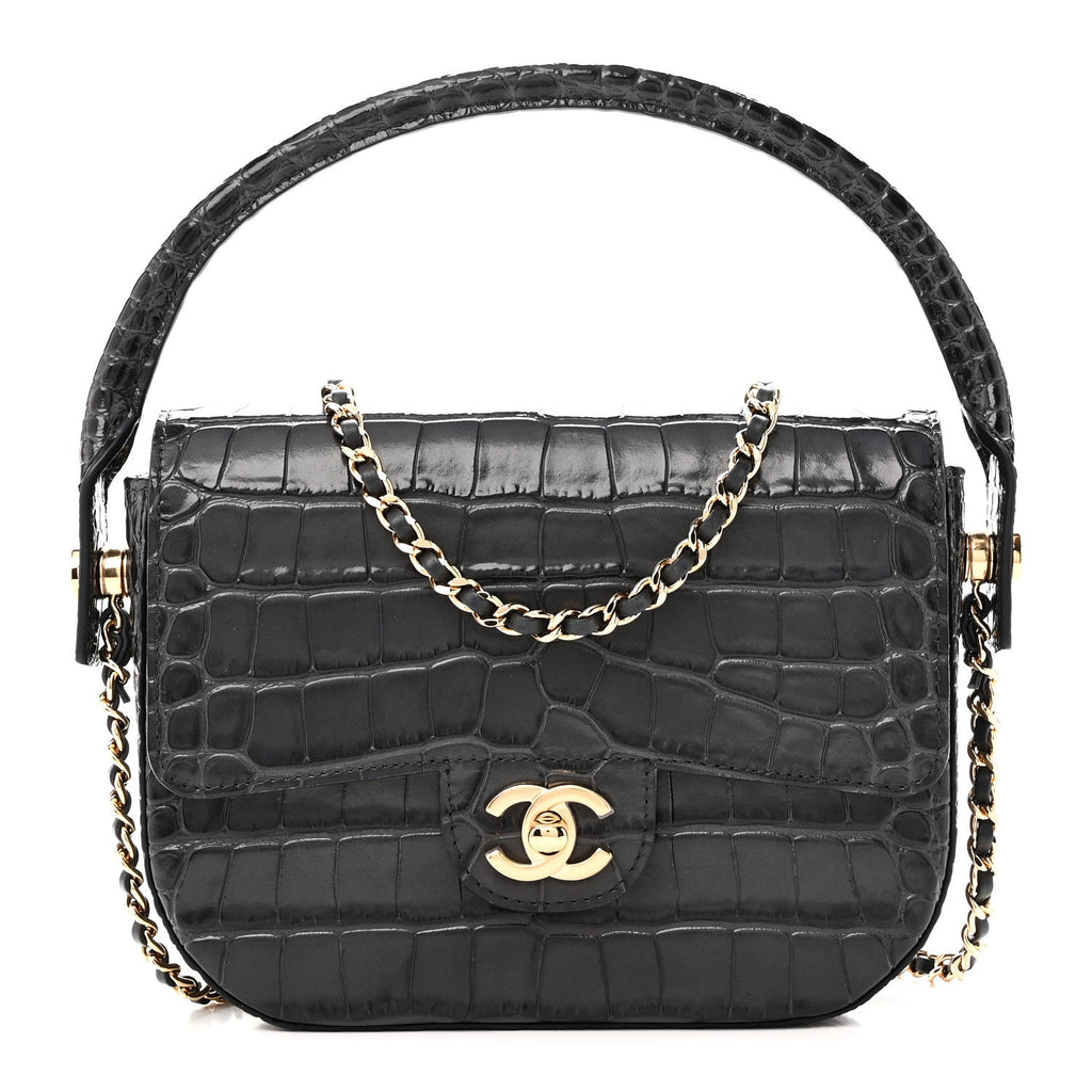 Calfskin Crocodile Embossed Turn Around Mini Flap Dark Grey