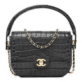 Calfskin Crocodile Embossed Turn Around Mini Flap Dark Grey