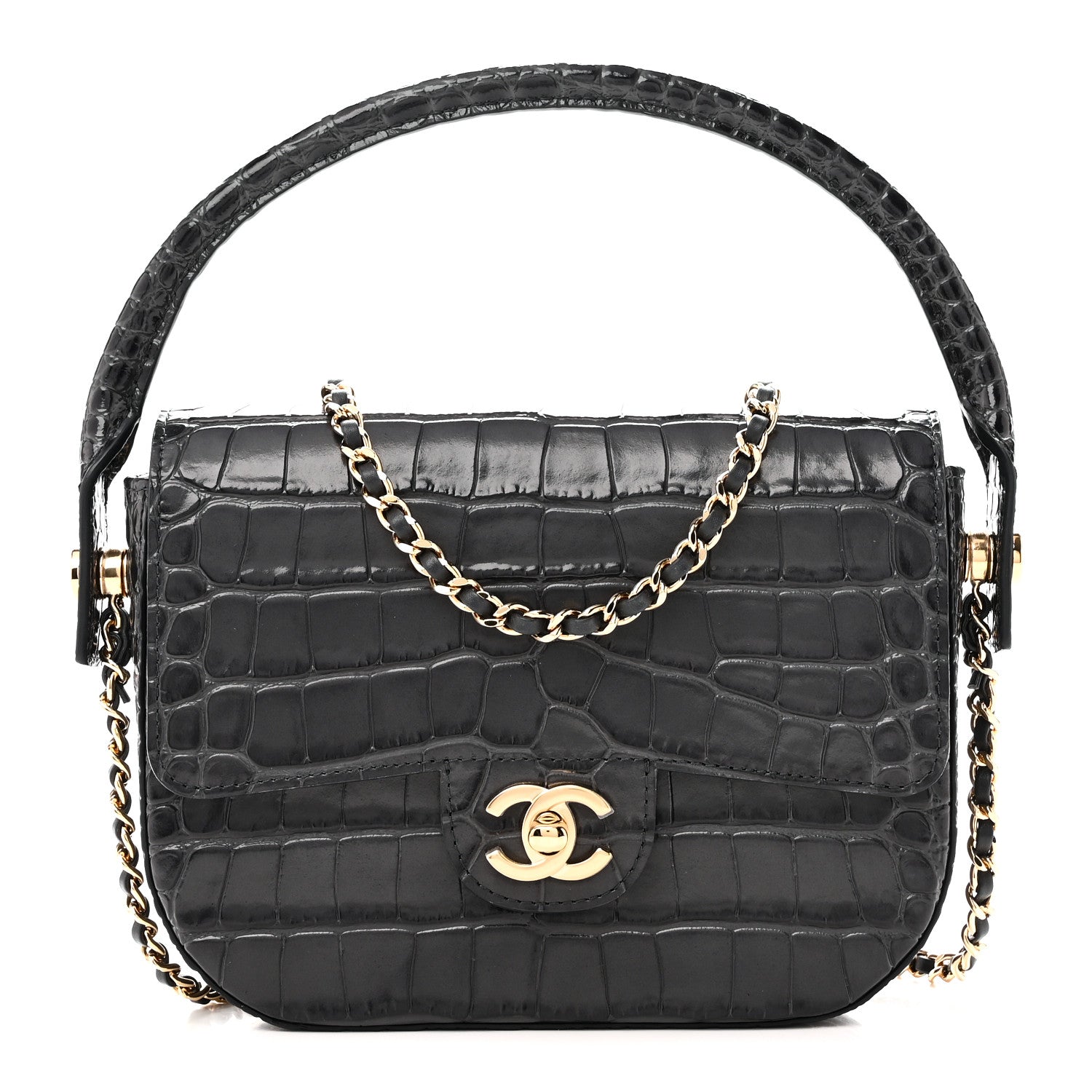 Calfskin Crocodile Embossed Turn Around Mini Flap Dark Grey