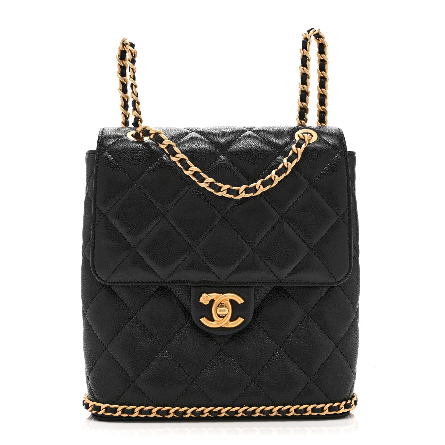 Caviar Quilted Camellia Chain Around Backpack Black