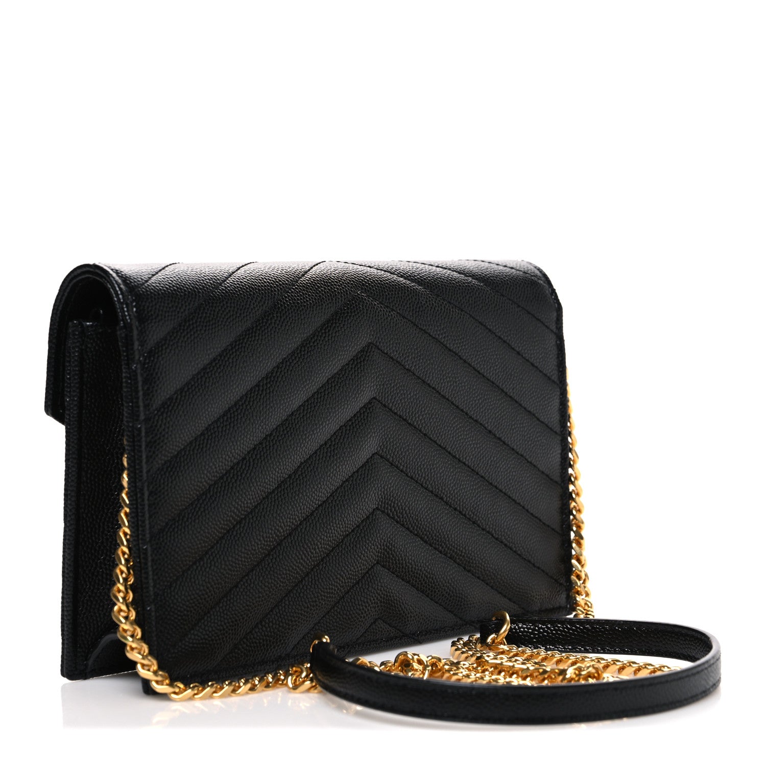 Grain De Poudre Matelasse Chevron Monogram Envelope Chain Wallet Black
