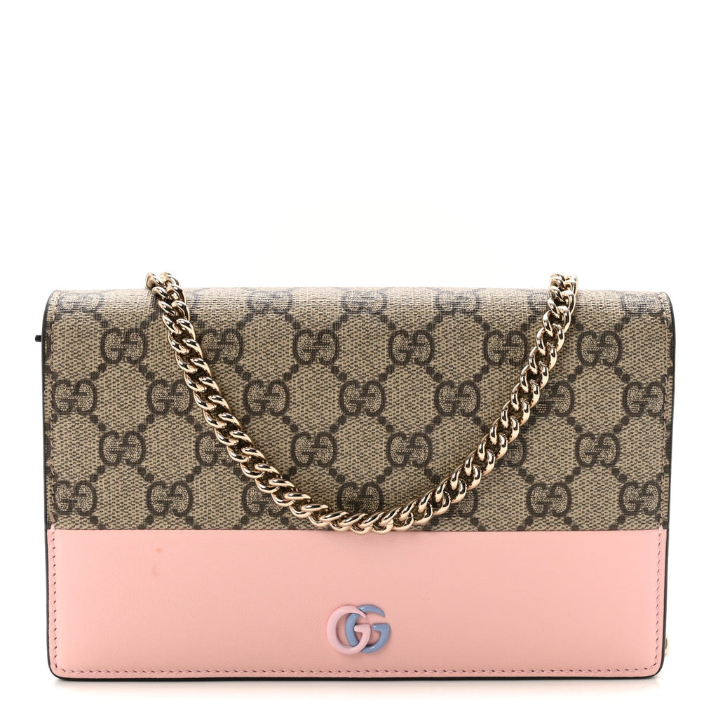 GG Supreme Monogram Textured Dollar Calfskin Mini GG Marmont Chain Wallet Light Pink Blue Beige