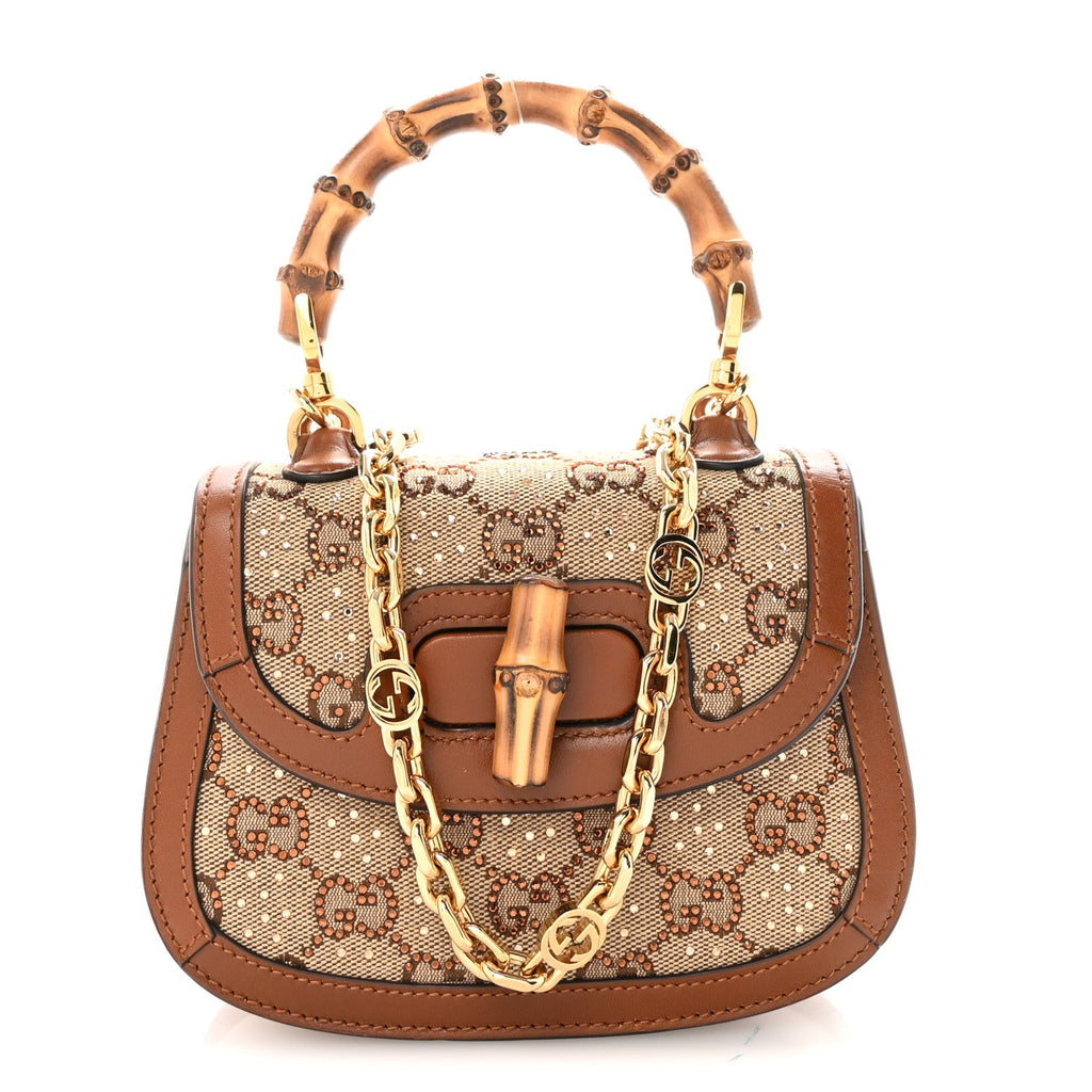 New Canvas Charisma Calfskin Crystal GG Monogram Small Bamboo 1947 Top Handle Bag Camel Ebony