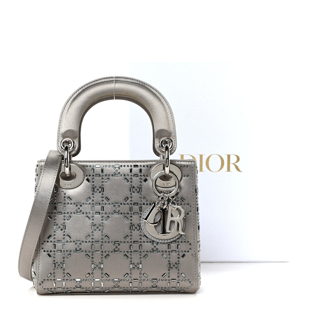 Satin Crystal Cannage Mini Lady Dior Gray