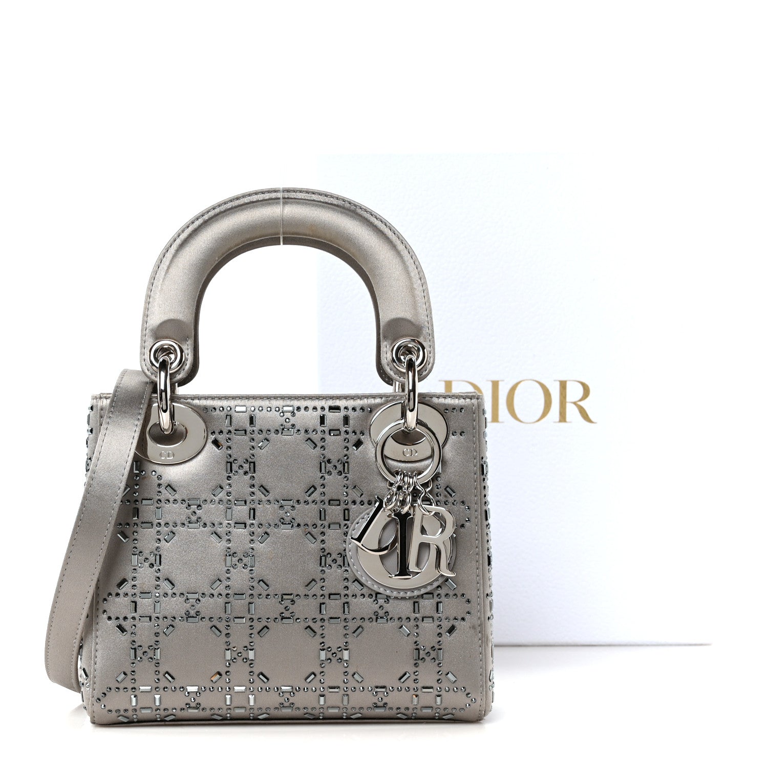 Satin Crystal Cannage Mini Lady Dior Gray