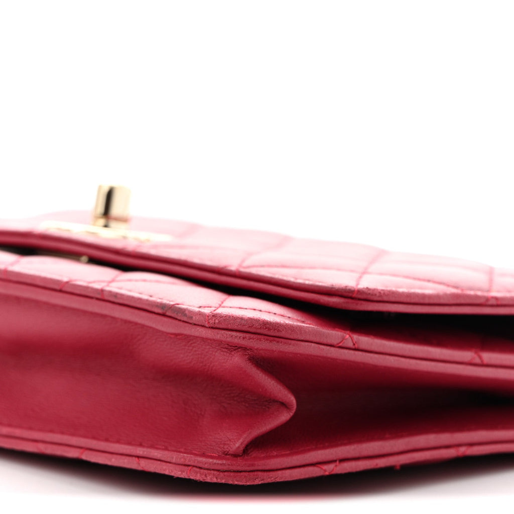 Lambskin Quilted Trendy CC Wallet On Chain WOC Dark Pink