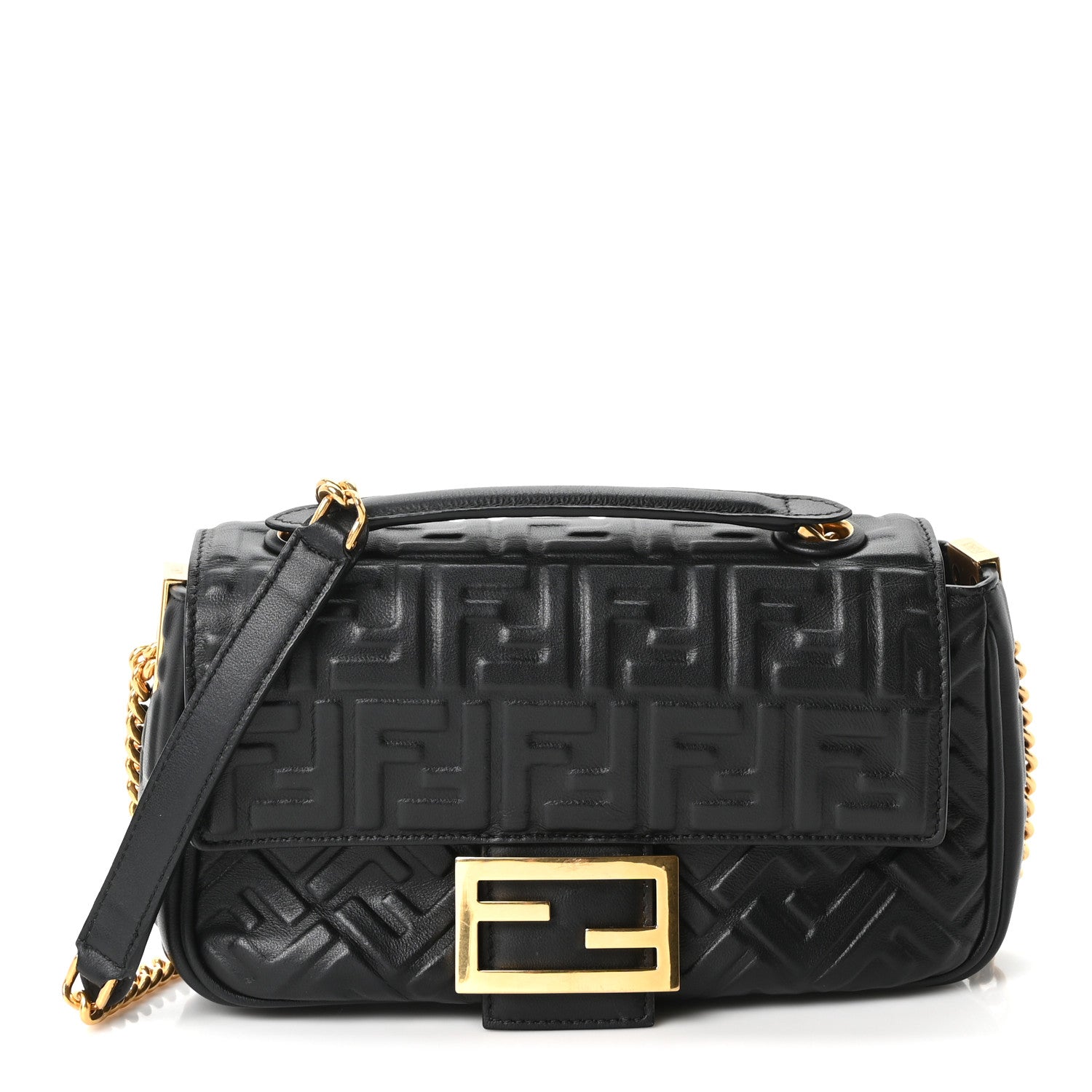 Nappa Small FF Embossed Midi Chain Baguette Black