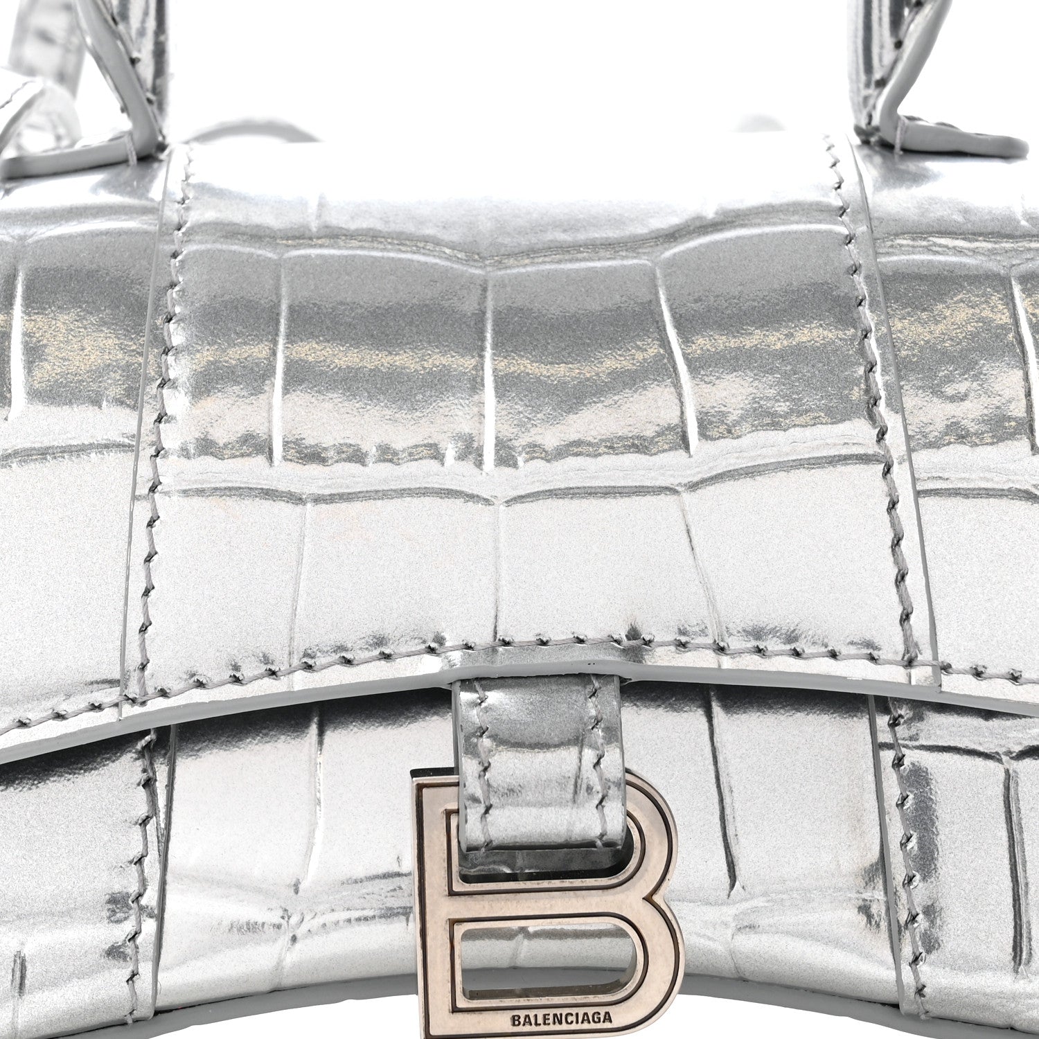 Metallic Calfskin Crocodile Embossed Hourglass Top Handle Bag Mini Silver