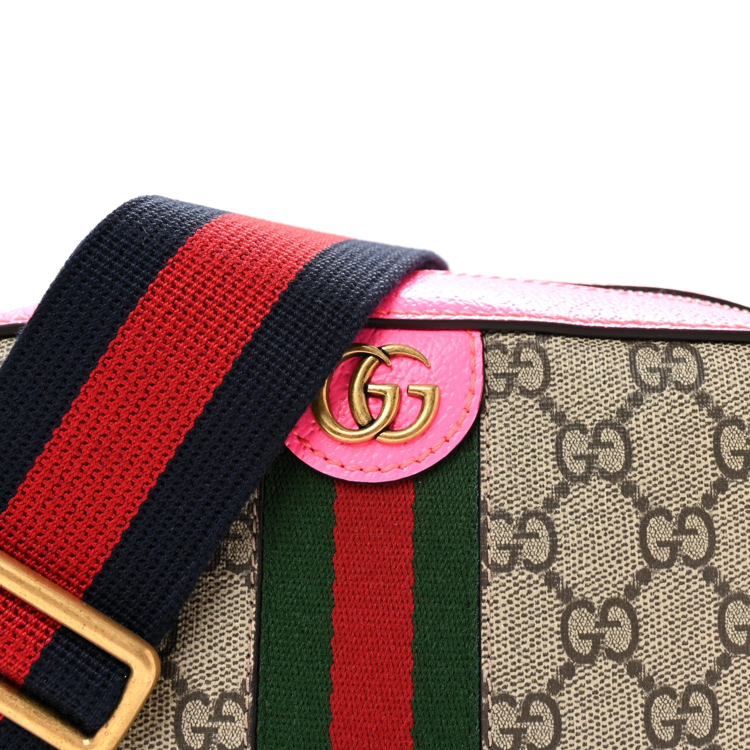 GG Supreme Monogram Textured Dollar Calfskin Web Ophidia Small Crossbody Bag Beige Ebony Fuchsia