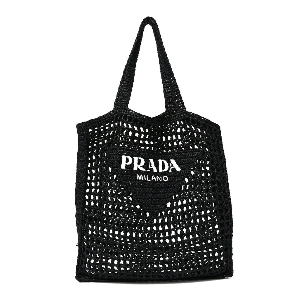 Yarn Raffia Effect Crochet Logo Embroidered Tote Bag Black