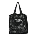 Yarn Raffia Effect Crochet Logo Embroidered Tote Bag Black