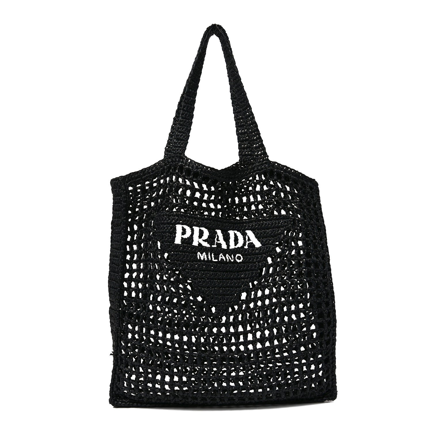 Yarn Raffia Effect Crochet Logo Embroidered Tote Bag Black