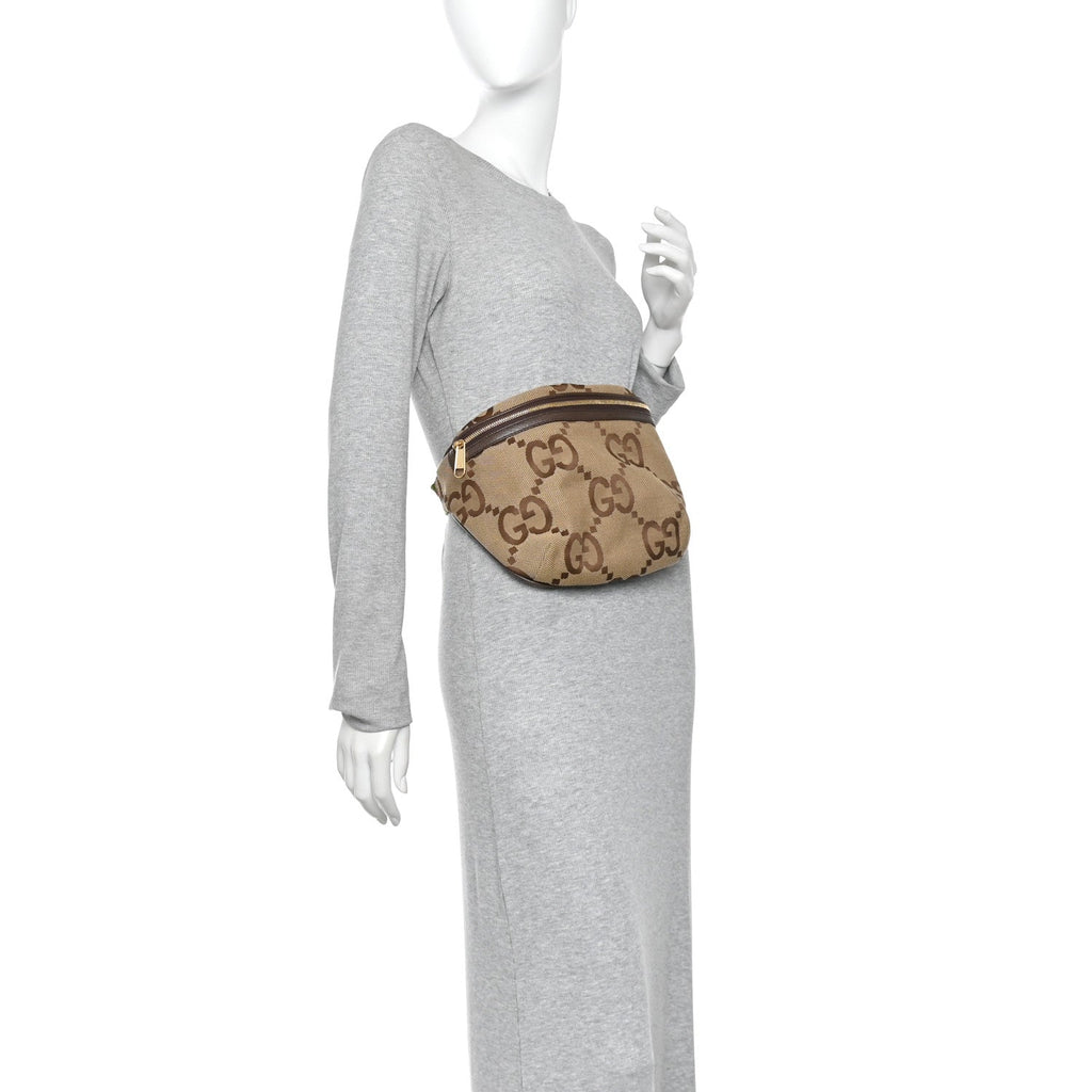 Monogram Jumbo GG Textured Dollar Calfskin Web Belt Bag Camel Ebony New Acero