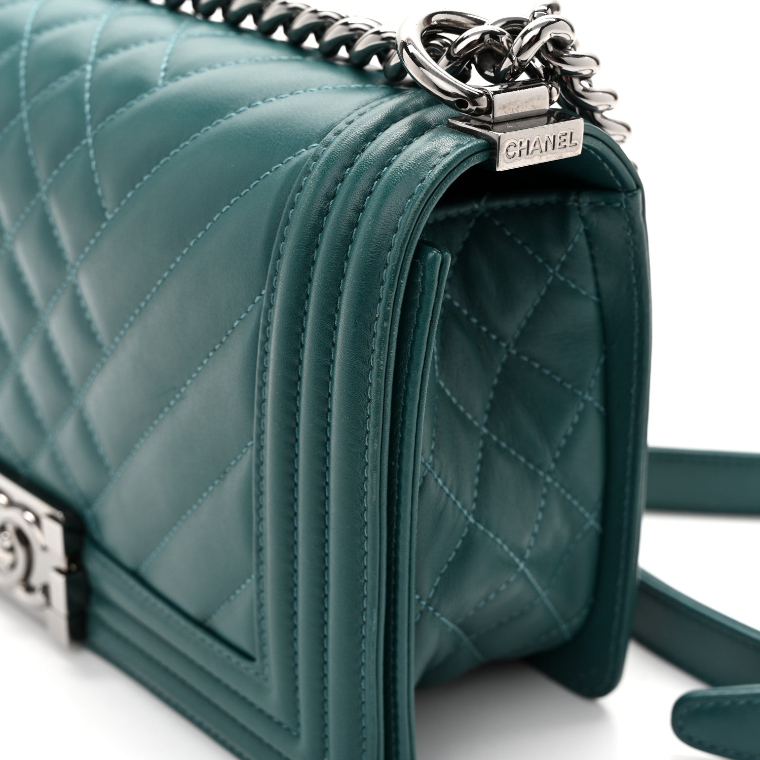 Calfskin Chevron Quilted Medium Boy Flap Turquoise