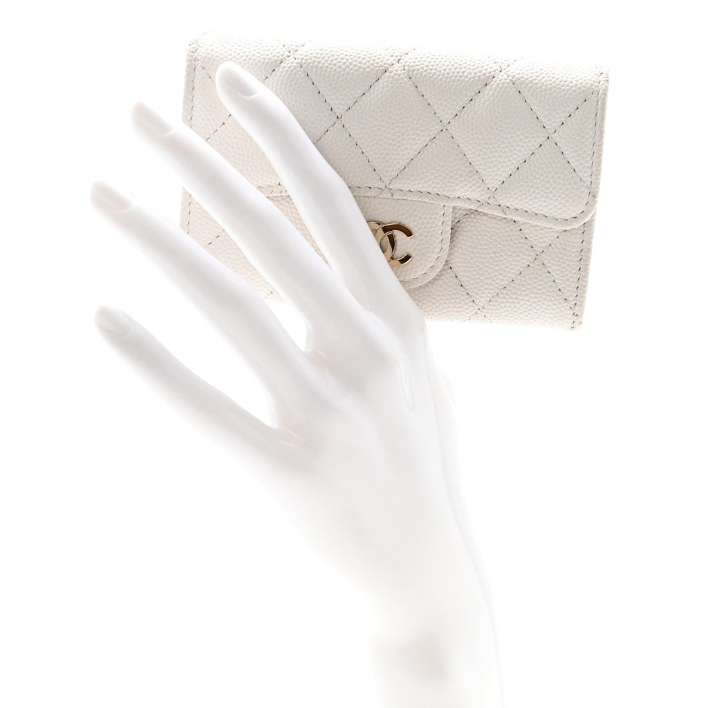 Caviar Quilted Flap Card Holder Wallet White