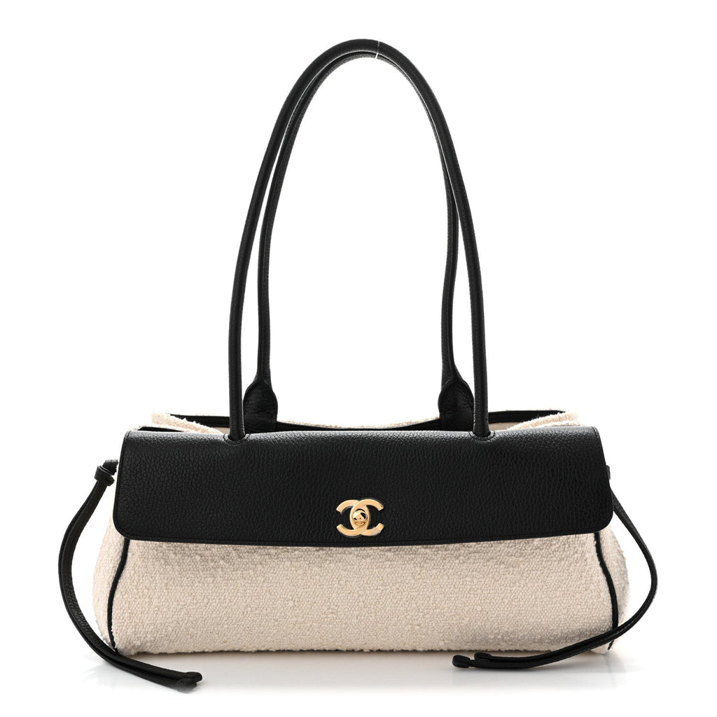 Grained Calfskin Boucle Urban Essentials Small Shopping Bag Ecru Black