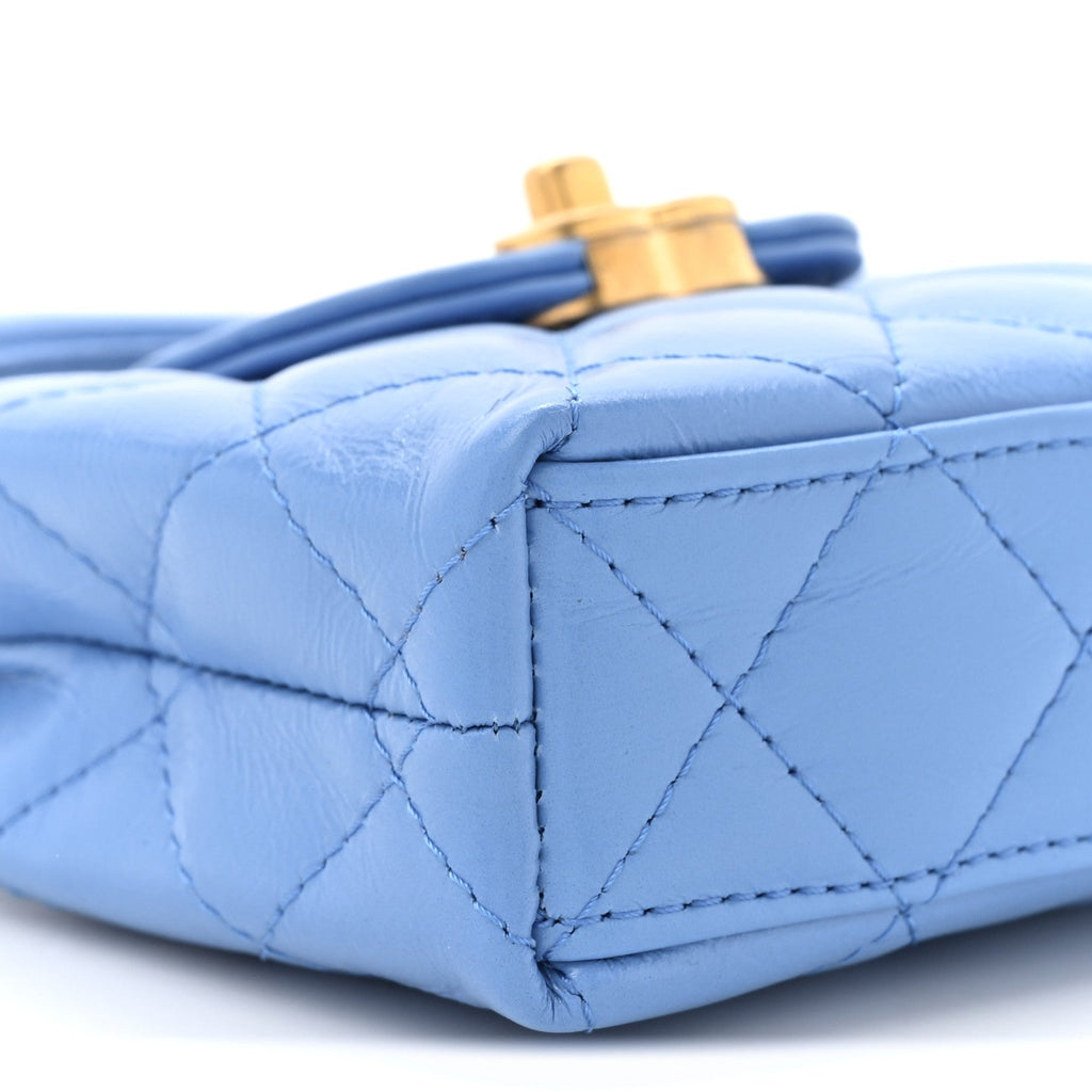 Shiny Aged Calfskin Quilted Mini Nano Kelly Shopper Blue
