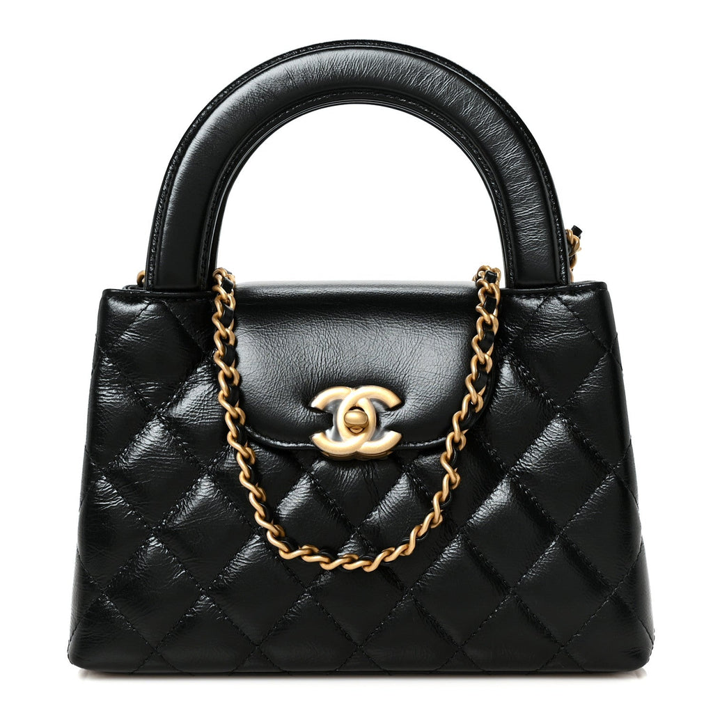 Shiny Aged Calfskin Quilted Nano Kelly Shopper Black