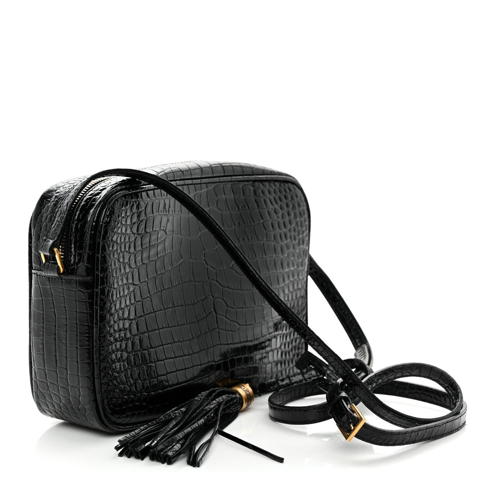 Patent Calfskin Crocodile Embossed Monogram Lou Camera Bag Black