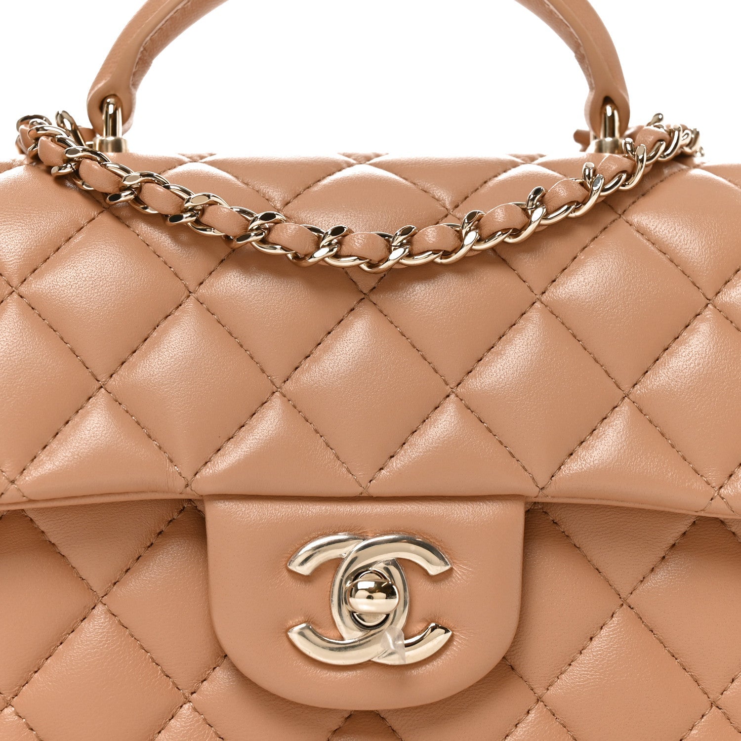 Lambskin Quilted Mini Top Handle Rectangular Flap Dark Beige