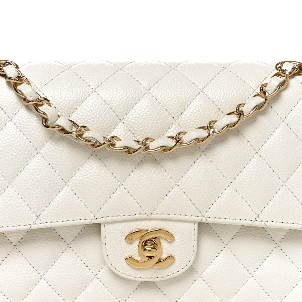 Caviar Quilted Medium Double Flap White