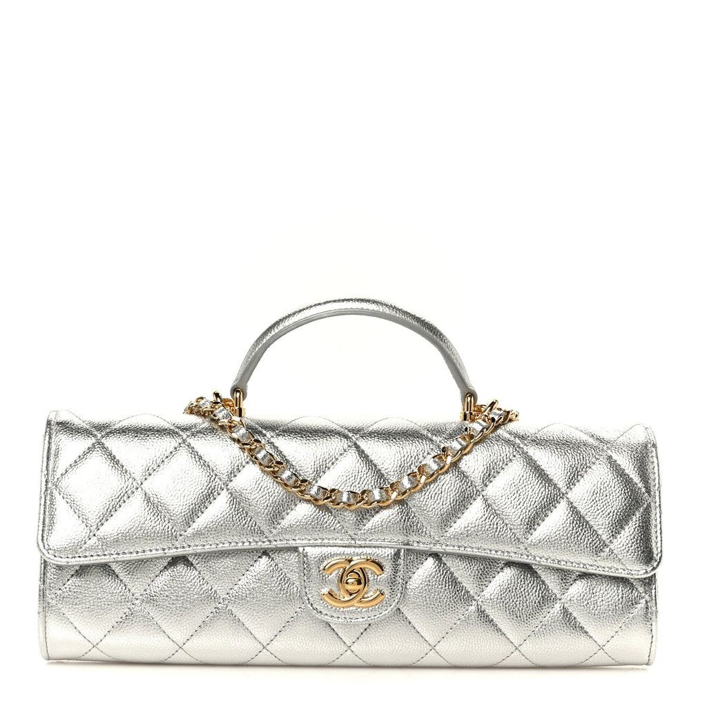 Metallic Caviar Quilted Top Handle Long Clutch With Chain Silver