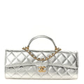 Metallic Caviar Quilted Top Handle Long Clutch With Chain Silver