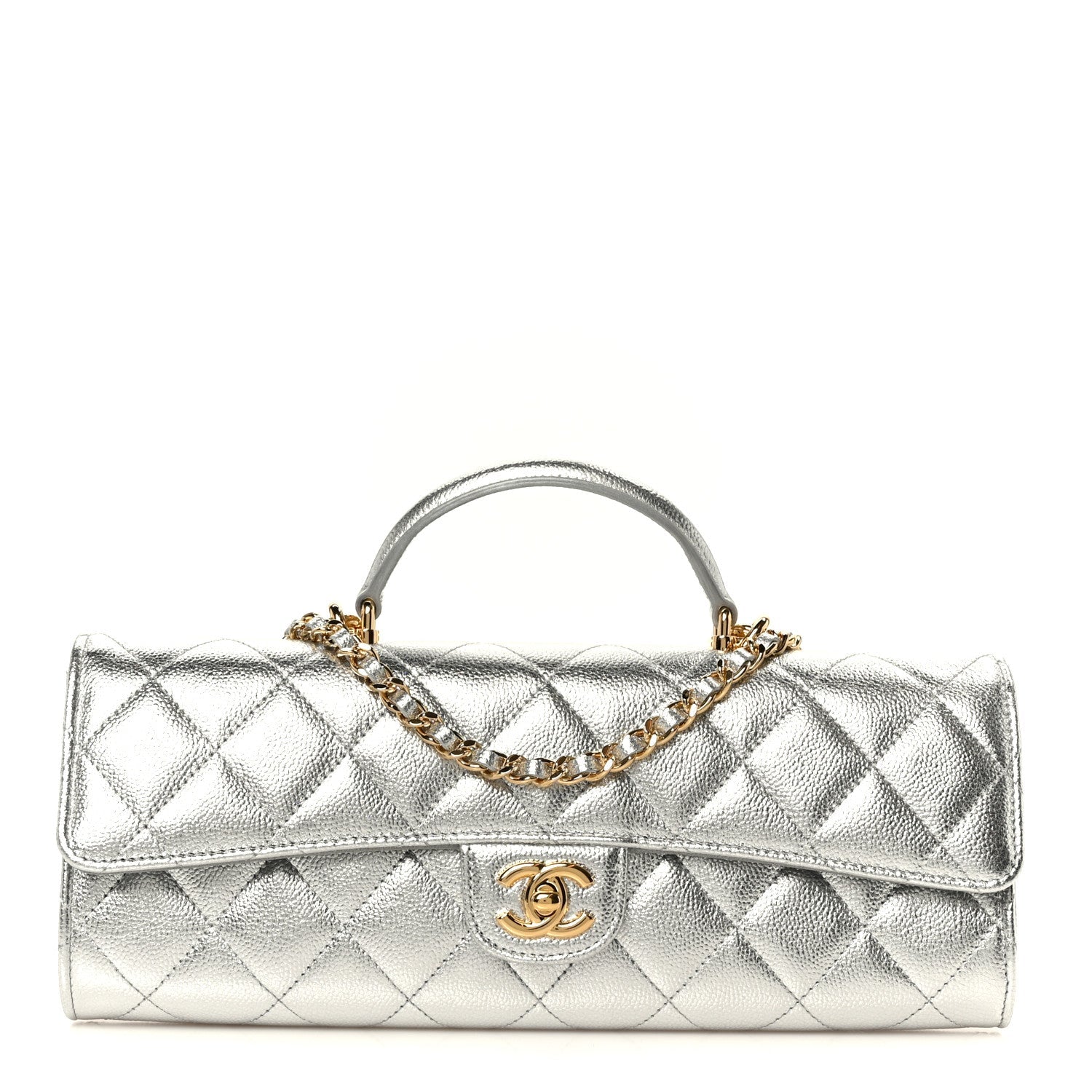 Metallic Caviar Quilted Top Handle Long Clutch With Chain Silver