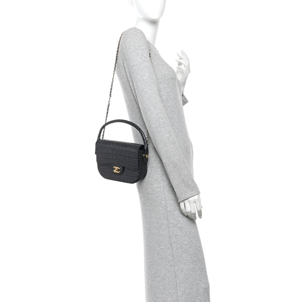 Calfskin Crocodile Embossed Turn Around Mini Flap Dark Grey