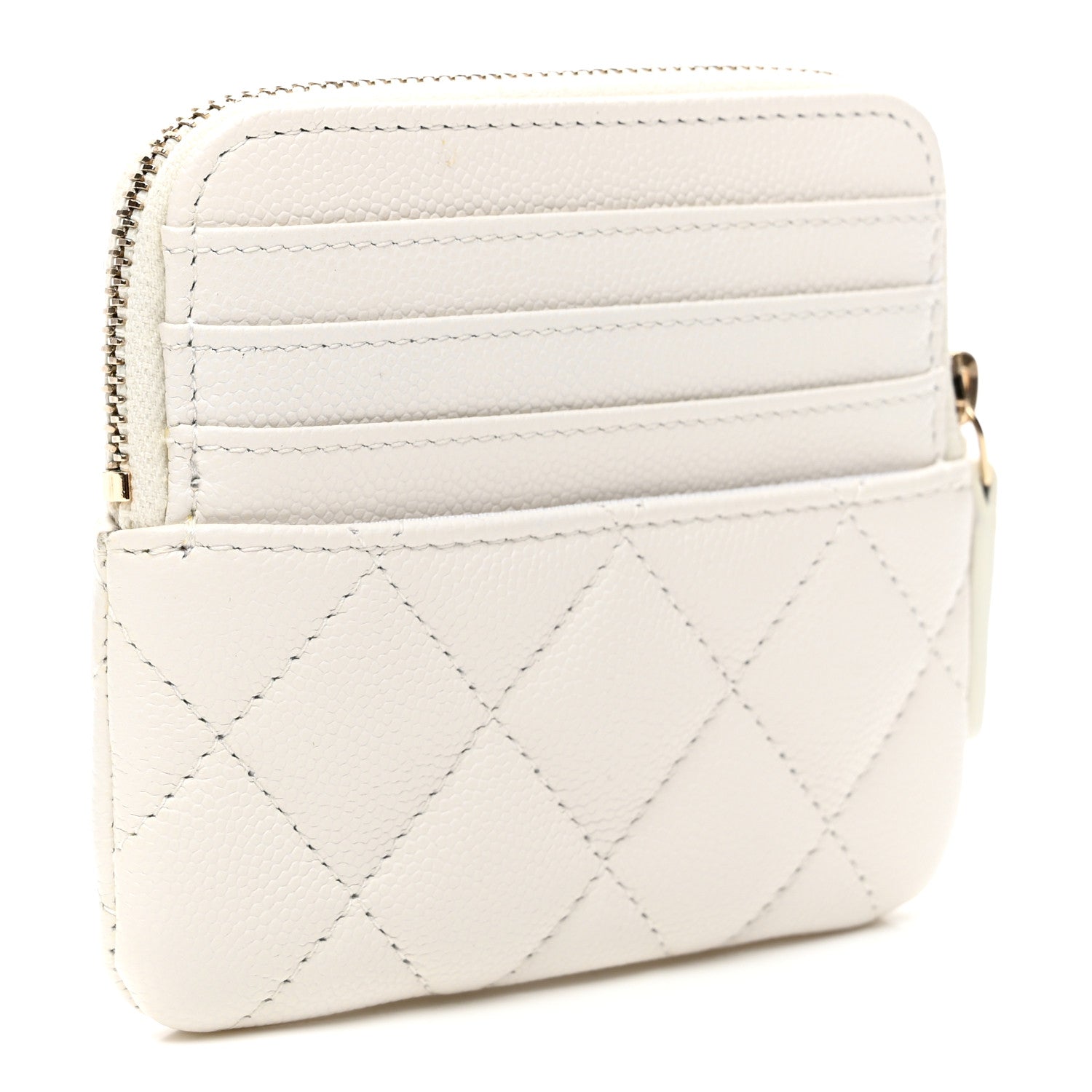 Caviar Quilted Crystal Zip Card Holder Wallet White