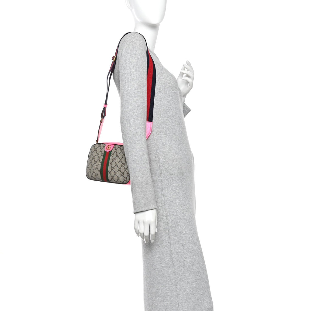 GG Supreme Monogram Textured Dollar Calfskin Web Ophidia Small Crossbody Bag Beige Ebony Fuchsia