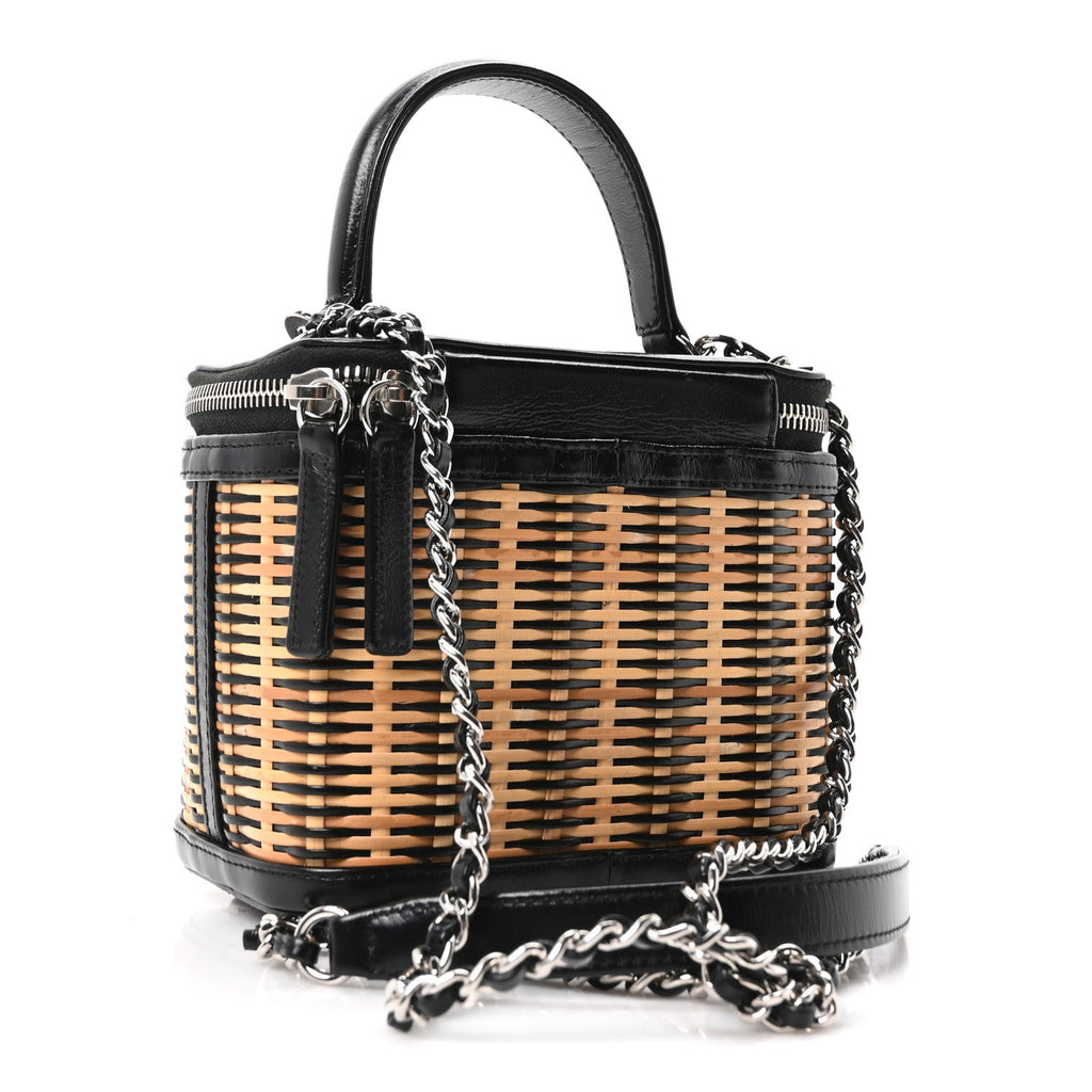 Calfskin Raffia Small Vanity Case Bag Black Beige