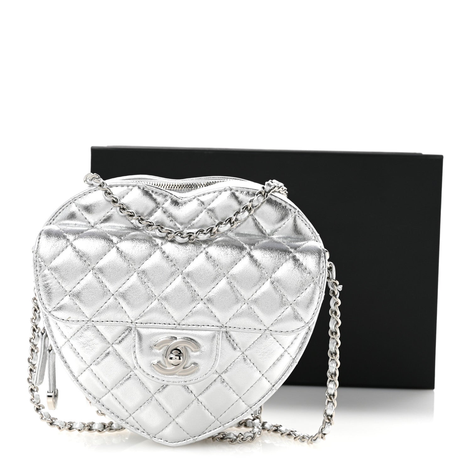 Metallic Lambskin Quilted Large CC In Love Heart Bag Silver