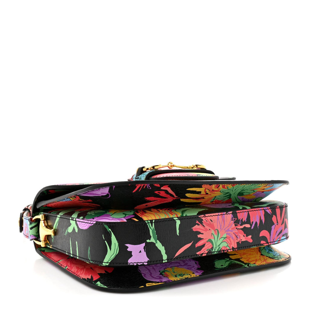 X KEN SCOTT New Shangai Calfskin Jenny Floral Print Horsebit 1955 Shoulder Bag Black Pink