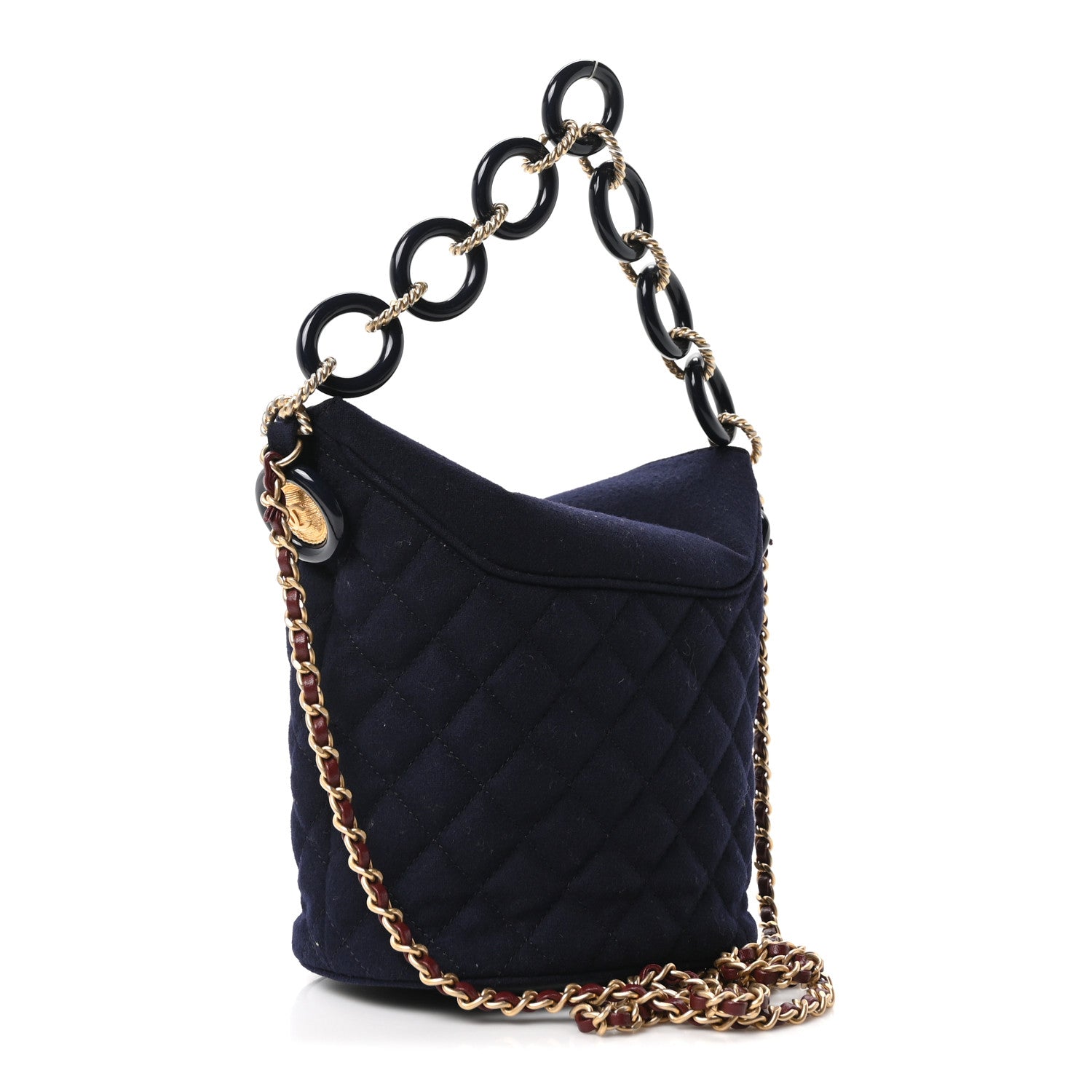 Wool Lambskin Quilted Paris Hamburg Charms Bucket Bag Dark Navy
