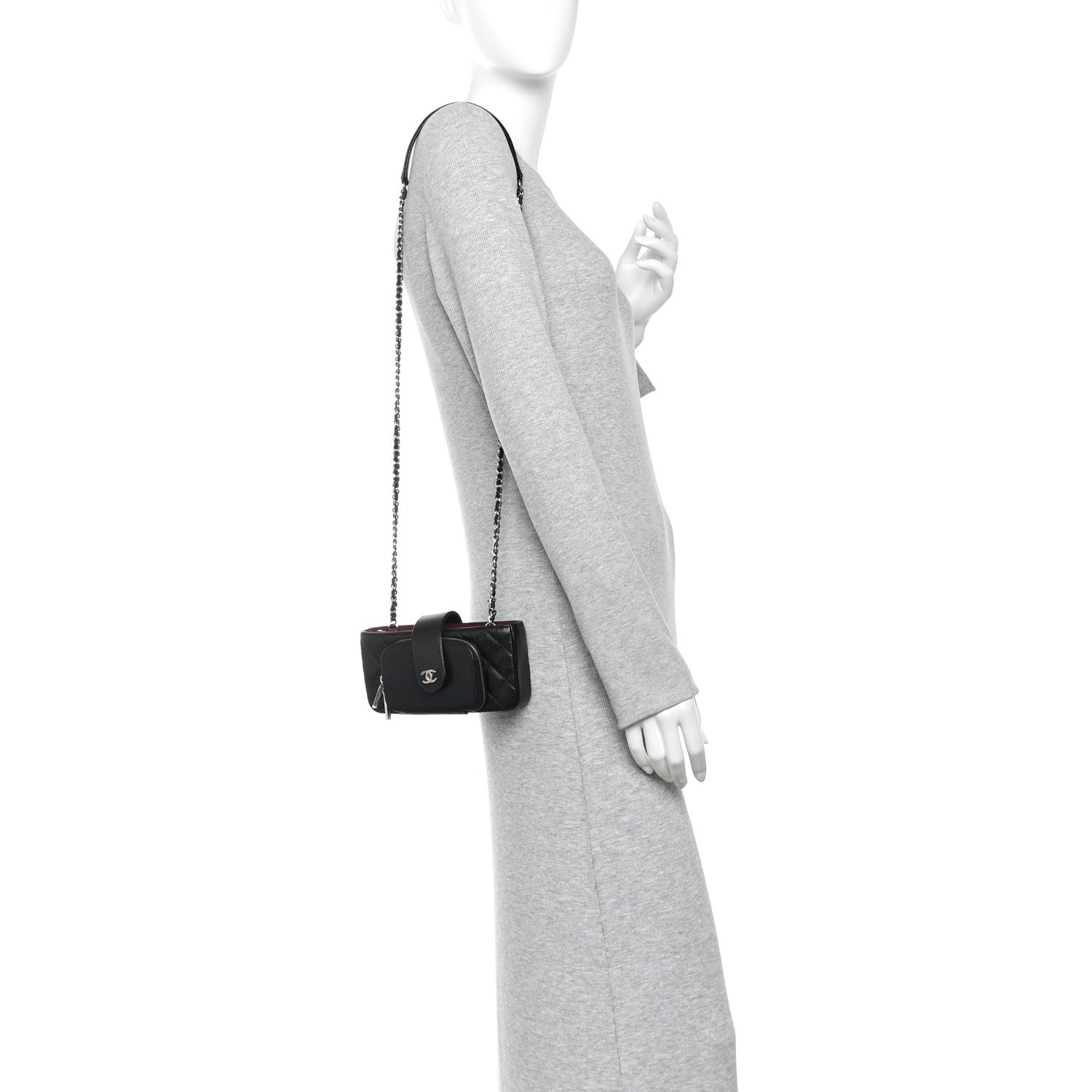 Caviar Quilted Business Affinity Phone Holder With Chain Black