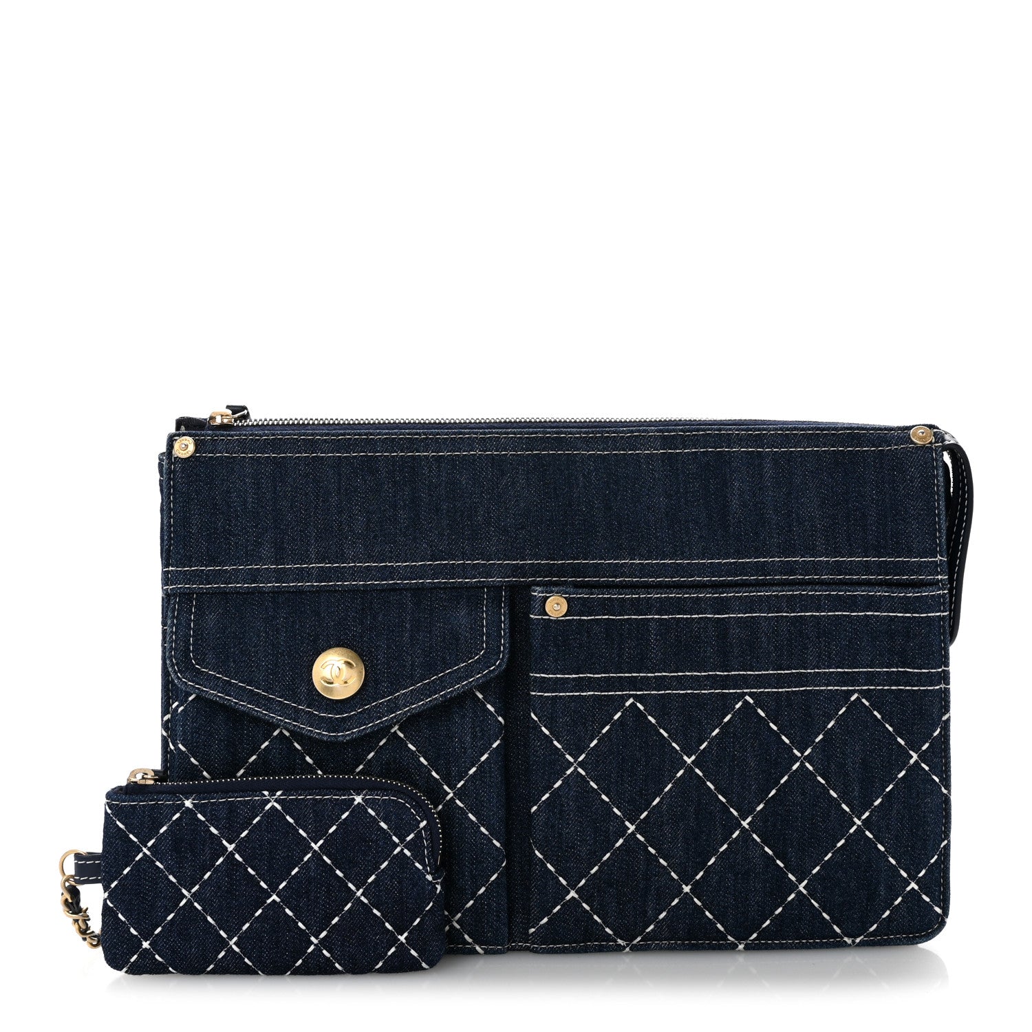 Denim Quilted Zipped Clutch Blue