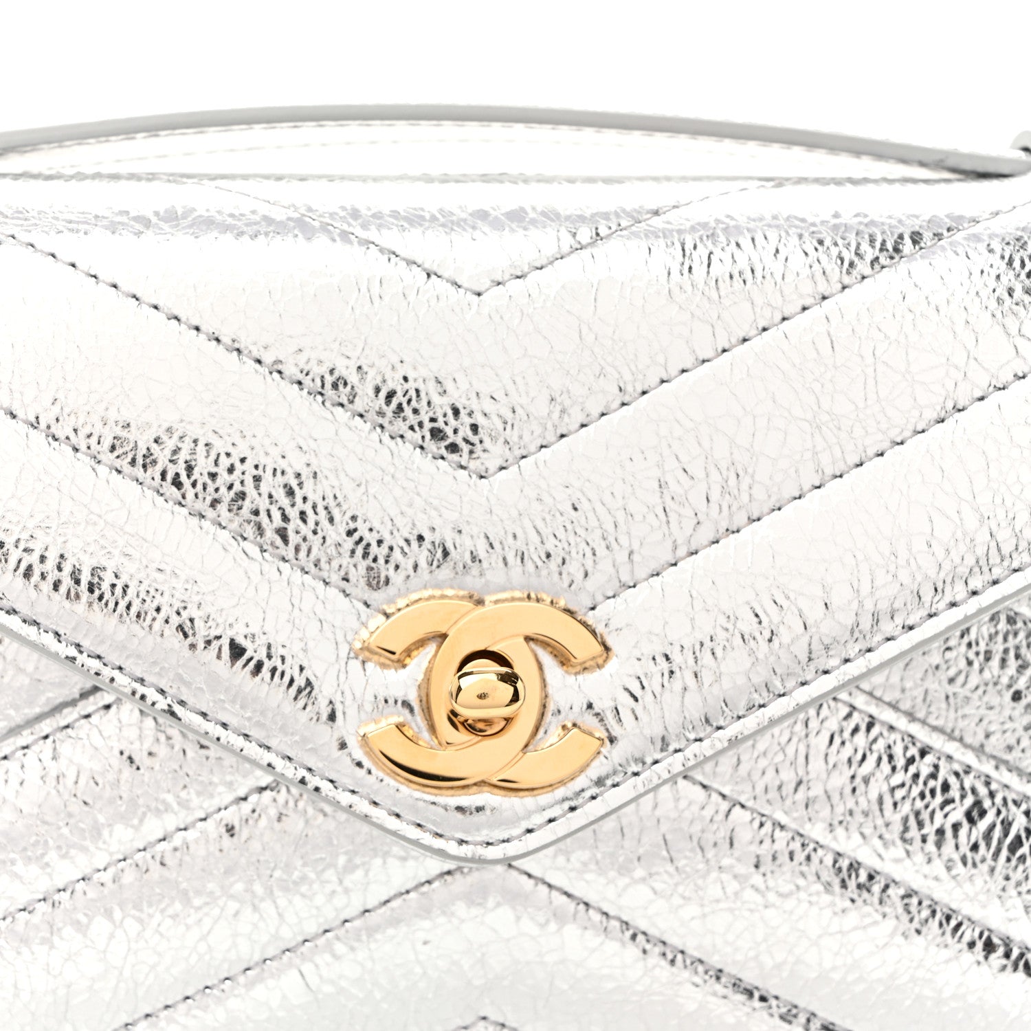Metallic Aged Calfskin Chevron Quilted Top Handle Envelope Clutch Silver