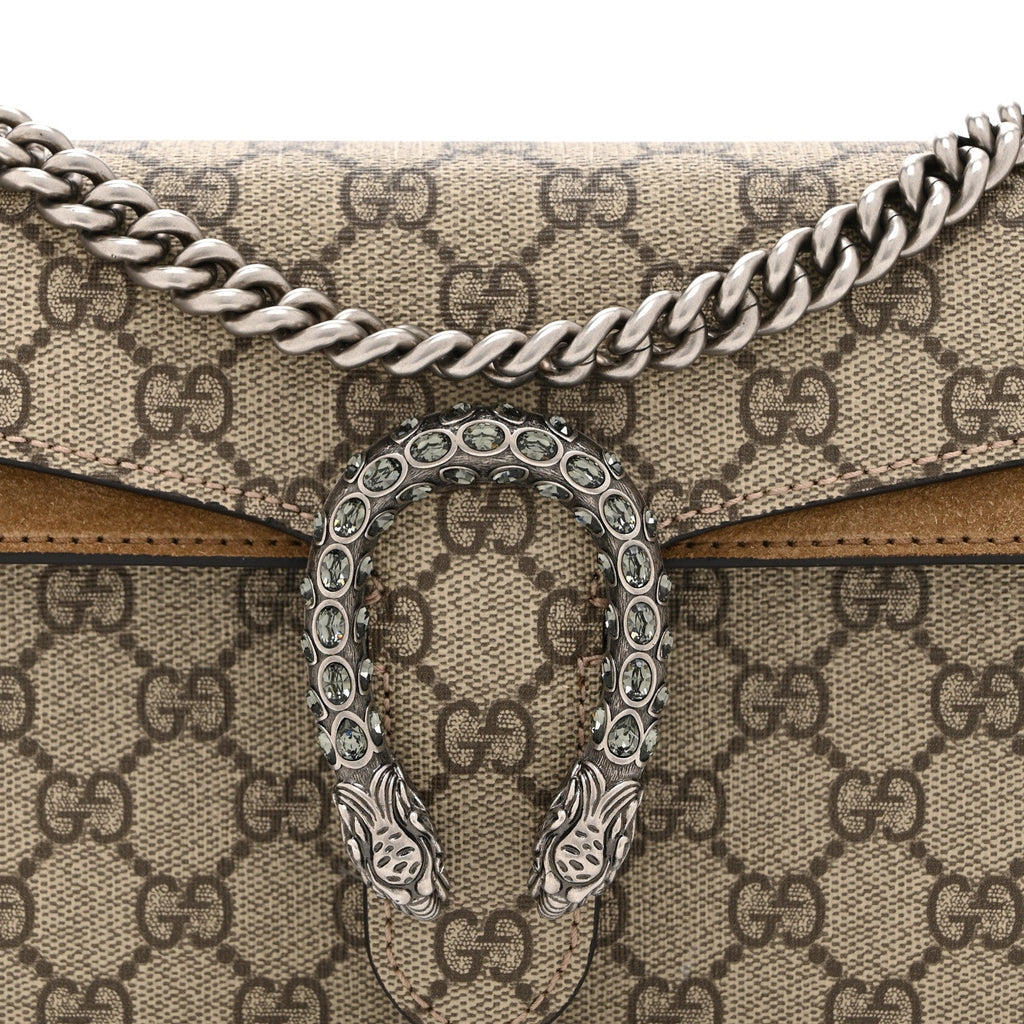GG Supreme Monogram Suede Crystal Small Dionysus Shoulder Bag Beige Ebony Taupe