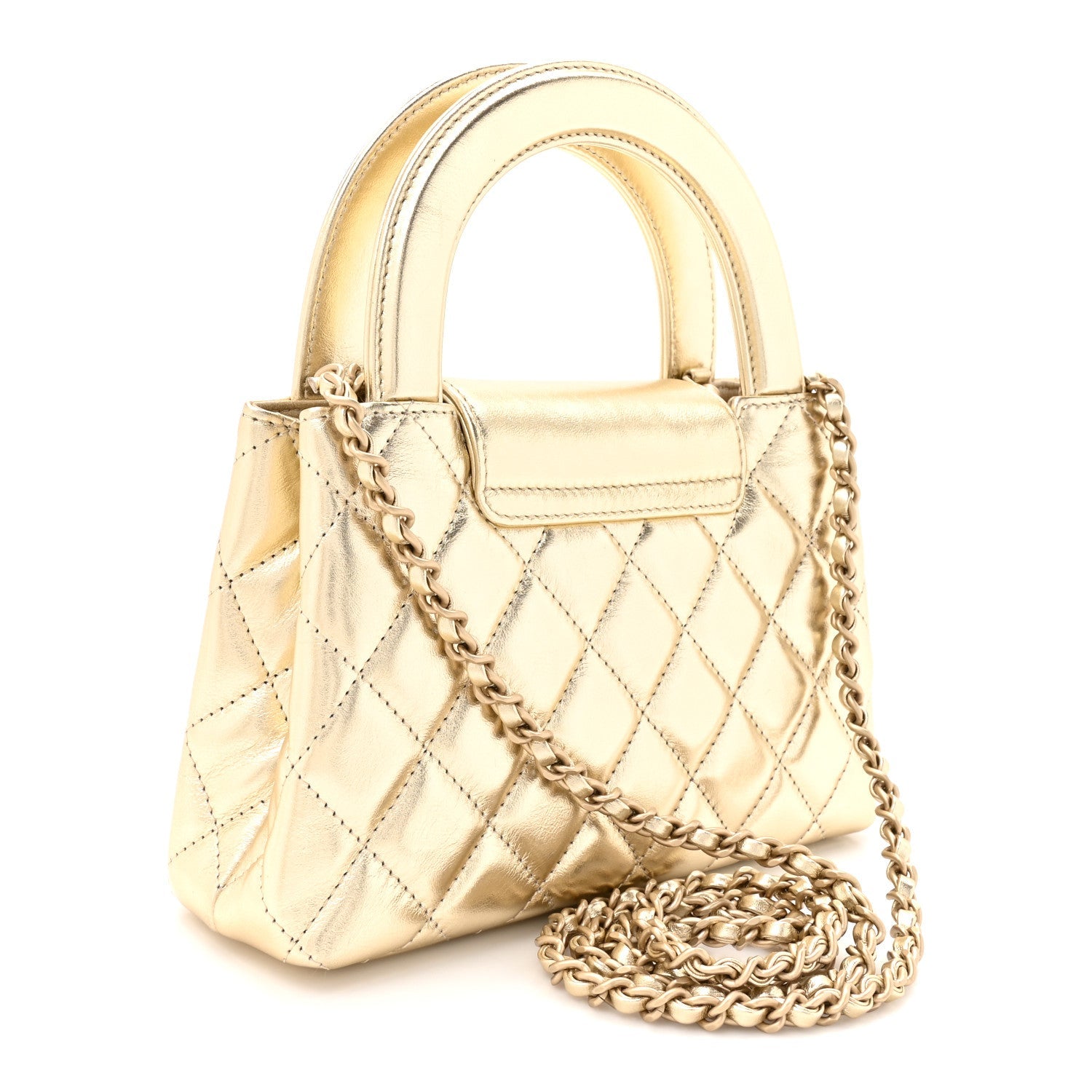 Metallic Shiny Aged Calfskin Quilted Nano Kelly Shopper Gold