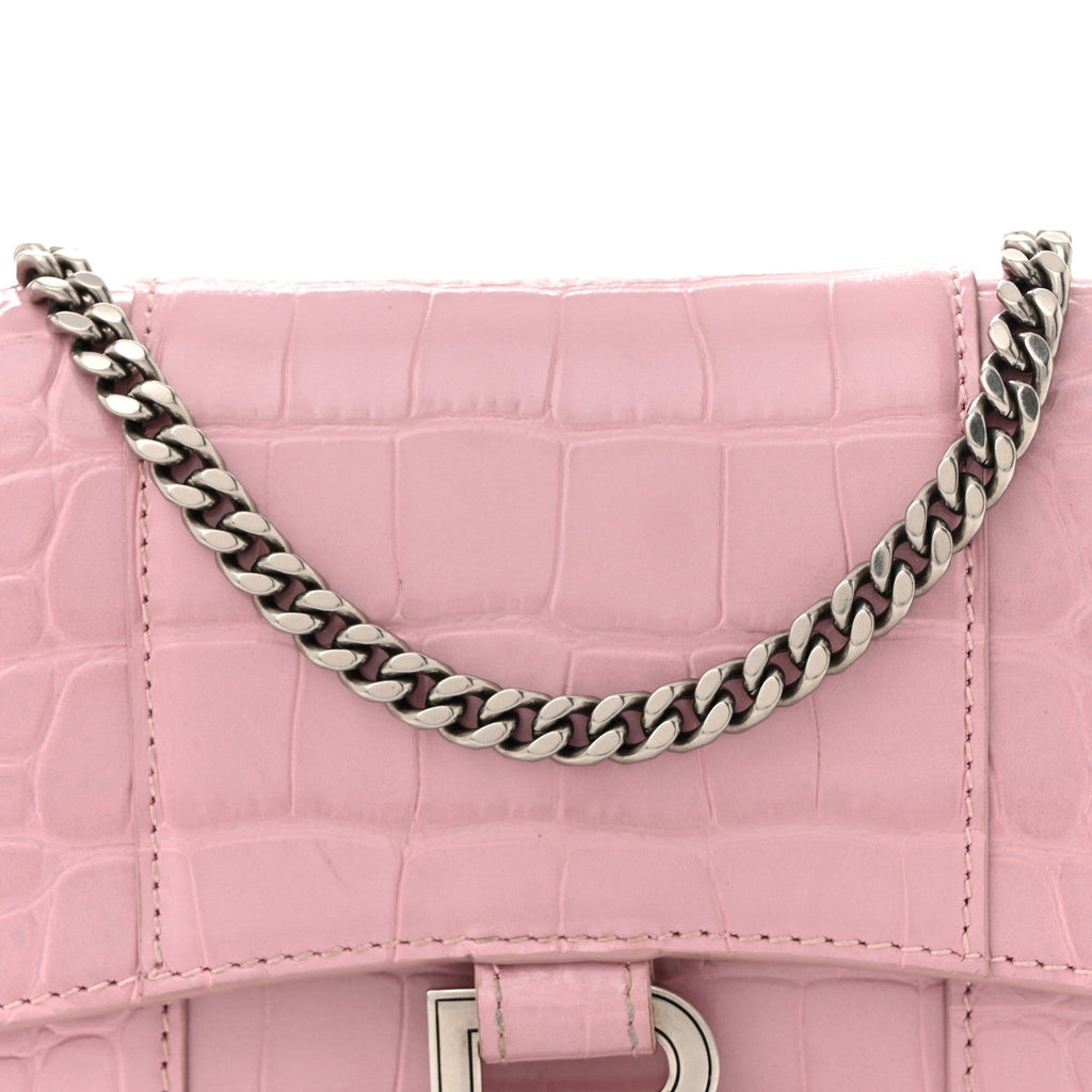Shiny Calfskin Crocodile Embossed Hourglass Chain Bag Powder Pink