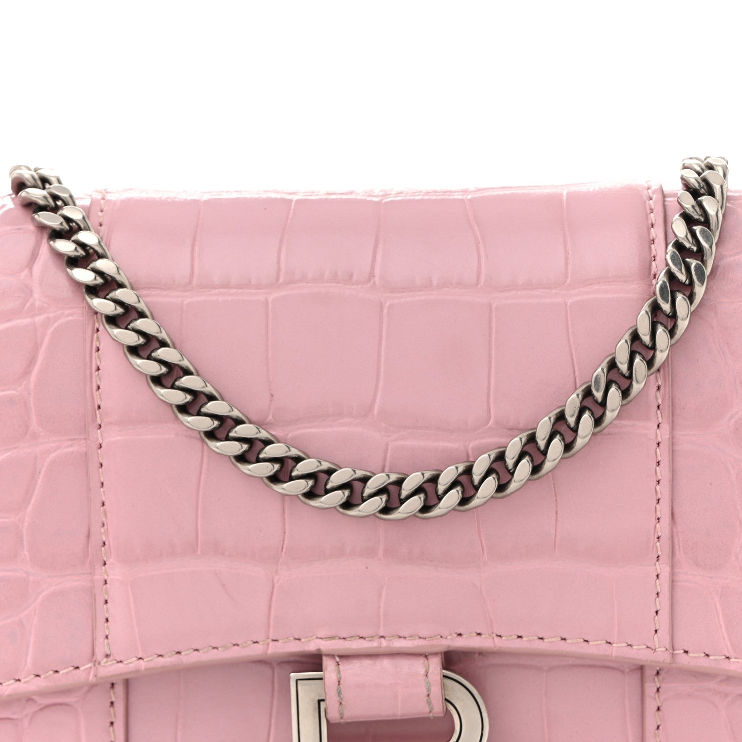 Shiny Calfskin Crocodile Embossed Hourglass Chain Bag Powder Pink