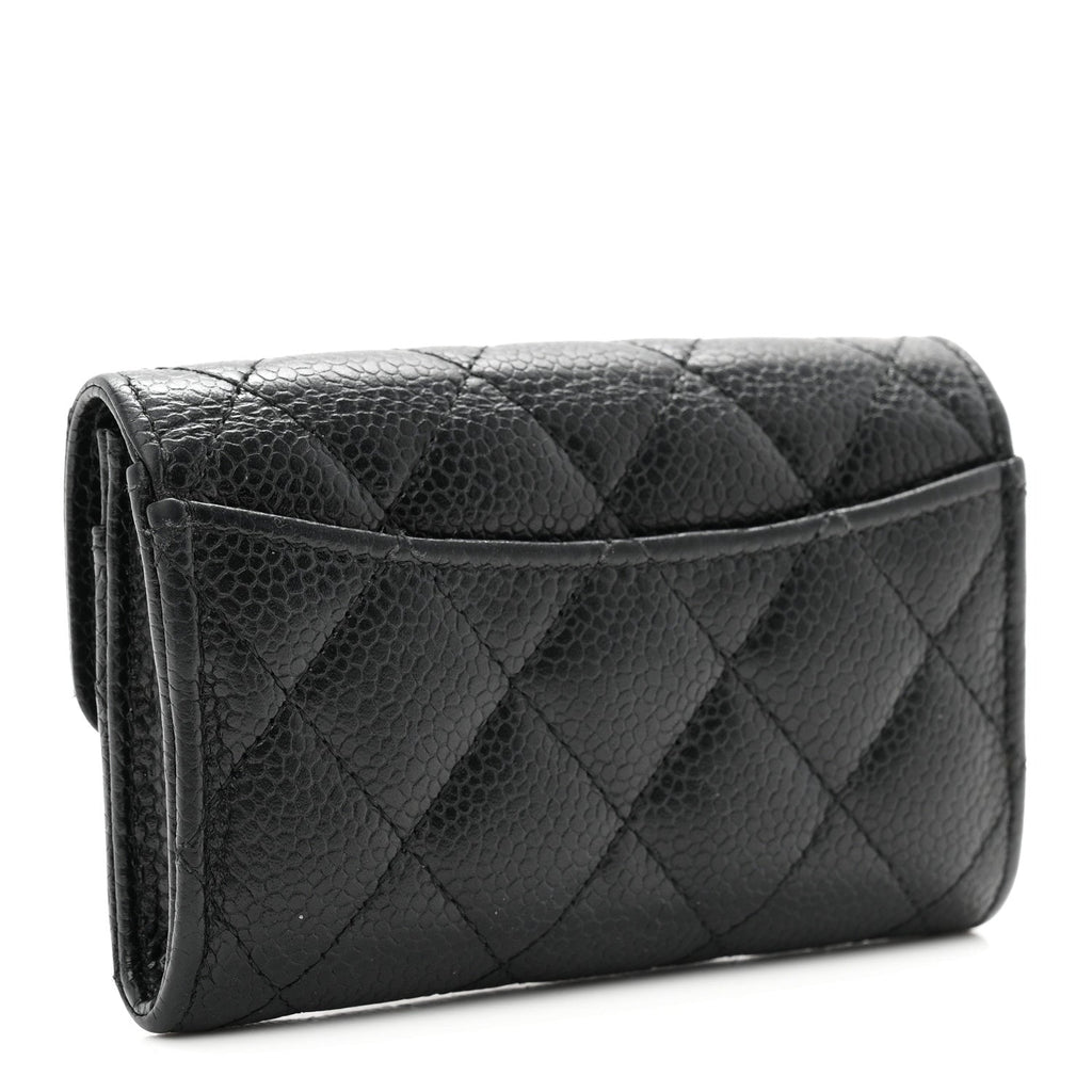 Caviar Quilted Flap Card Holder Wallet Black