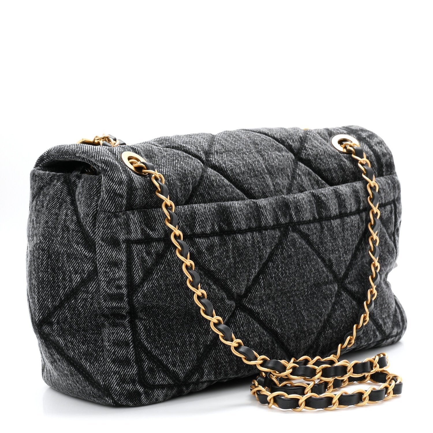 Washed Denim Quilted Large Flap Bag Black