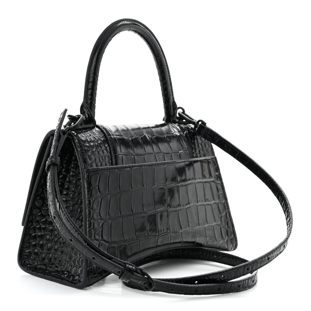 Shiny Calfskin Monochrome Crocodile Embossed Small Hourglass Top Handle Bag Black